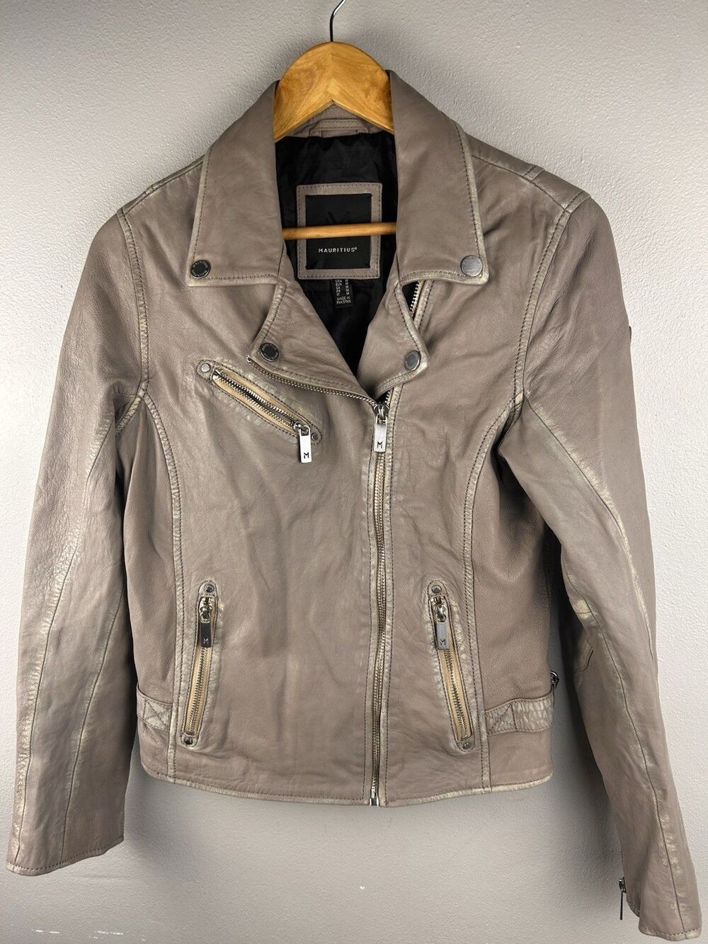 Mauritius Sofia Women's lamb Leather Moto Jacket Size M Taupe Grey biker